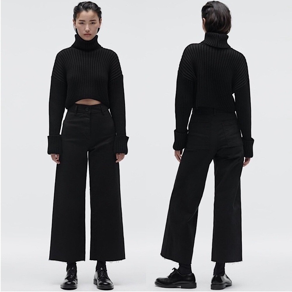 Zara Marine (Sailor) Straight Wide Leg High Waisted Raw Hem Jeans Washed Black 2